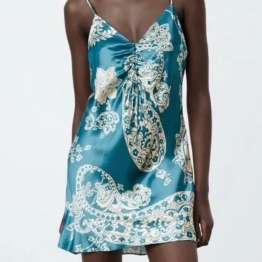ZARA Turquoise Silk/Satin Mini Dress Size Small